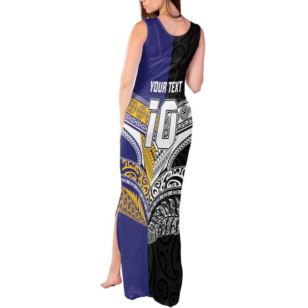 Custom Rugby Niue and Aotearoa Tank Maxi Dress Hiapo with Maori Moko Tribal Heritage Tattoos LT03 - Polynesian Pride