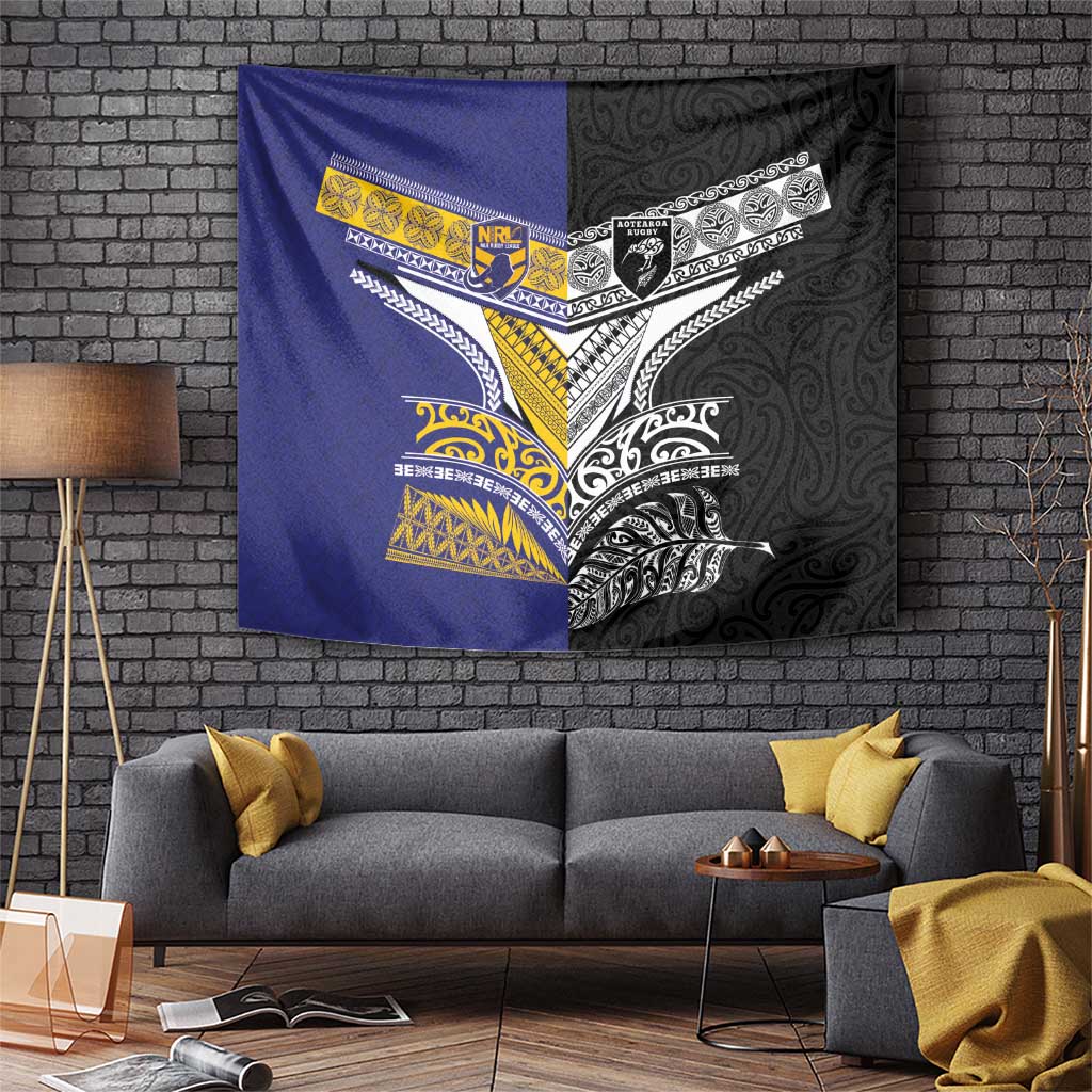 Rugby Niue and Aotearoa Tapestry Hiapo with Maori Moko Tribal Heritage Tattoos - Polynesian Pride