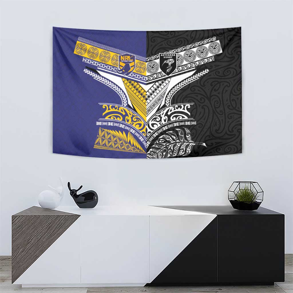 Rugby Niue and Aotearoa Tapestry Hiapo with Maori Moko Tribal Heritage Tattoos - Polynesian Pride