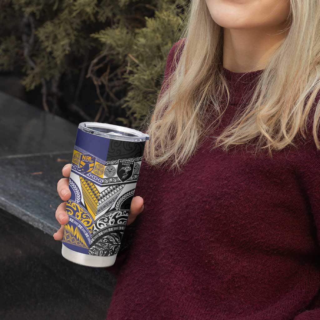 Custom Rugby Niue and Aotearoa Tumbler Cup Hiapo with Maori Moko Tribal Heritage Tattoos - Polynesian Pride