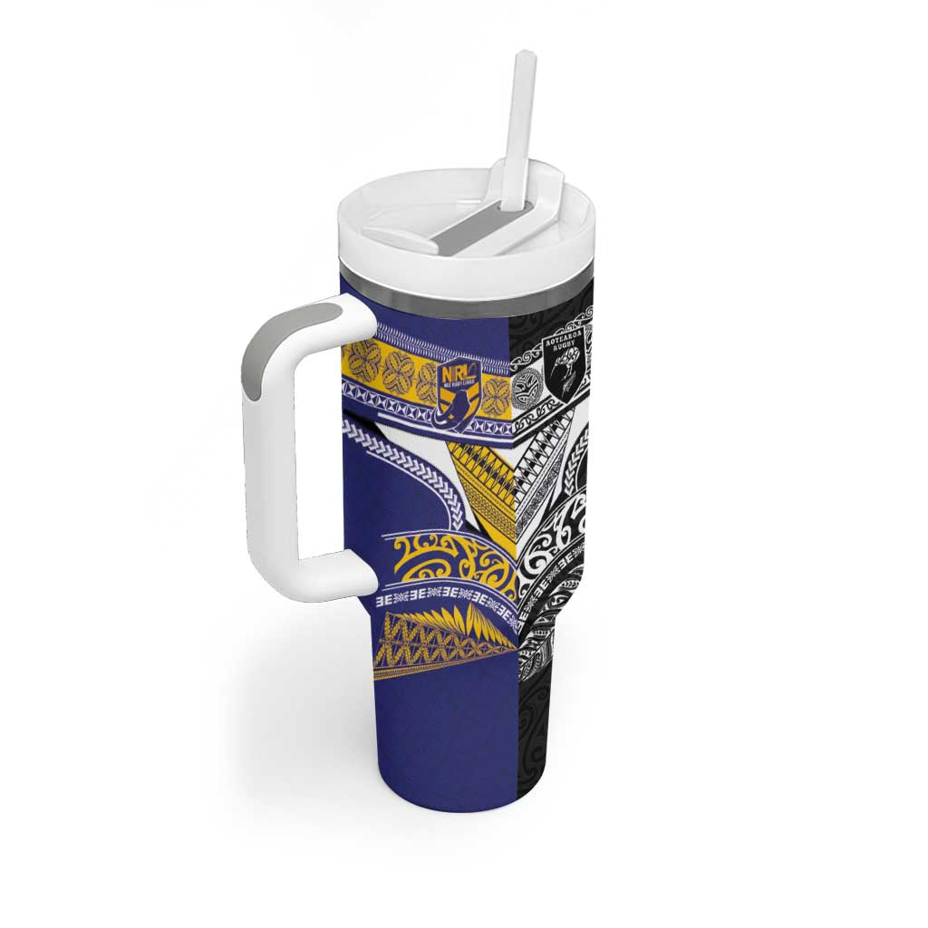Custom Rugby Niue and Aotearoa Tumbler With Handle Hiapo with Maori Moko Tribal Heritage Tattoos - Polynesian Pride