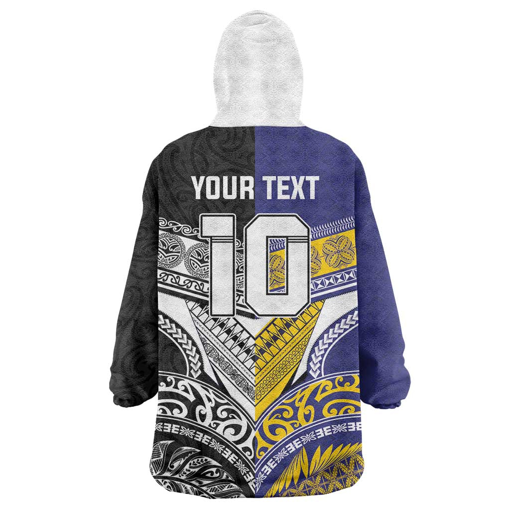 Custom Rugby Niue and Aotearoa Wearable Blanket Hoodie Hiapo with Maori Moko Tribal Heritage Tattoos LT03 - Polynesian Pride