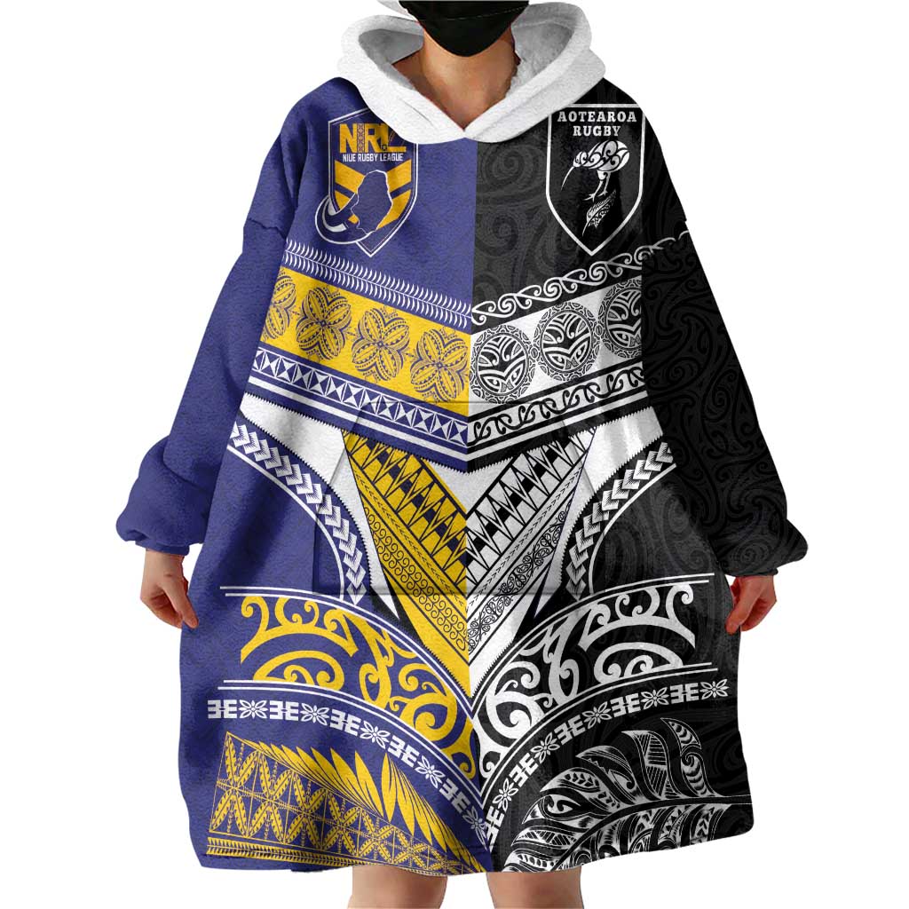 Custom Rugby Niue and Aotearoa Wearable Blanket Hoodie Hiapo with Maori Moko Tribal Heritage Tattoos LT03 - Polynesian Pride