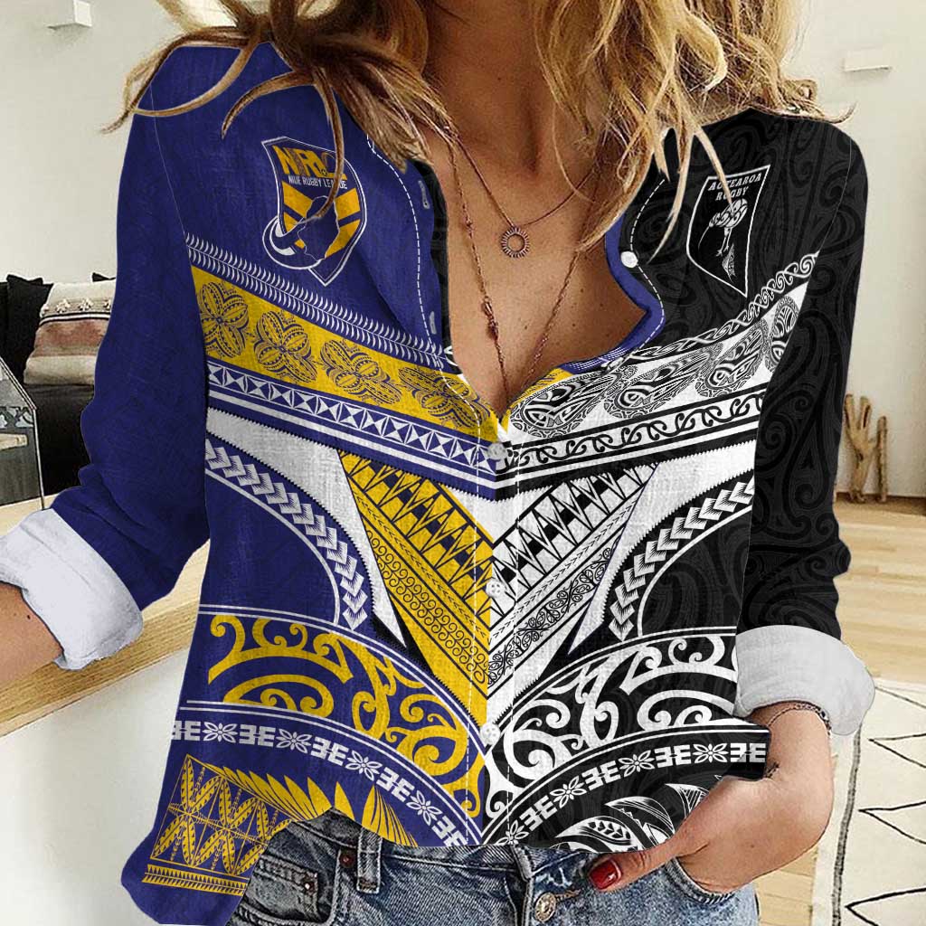Custom Rugby Niue and Aotearoa Women Casual Shirt Hiapo with Maori Moko Tribal Heritage Tattoos - Polynesian Pride