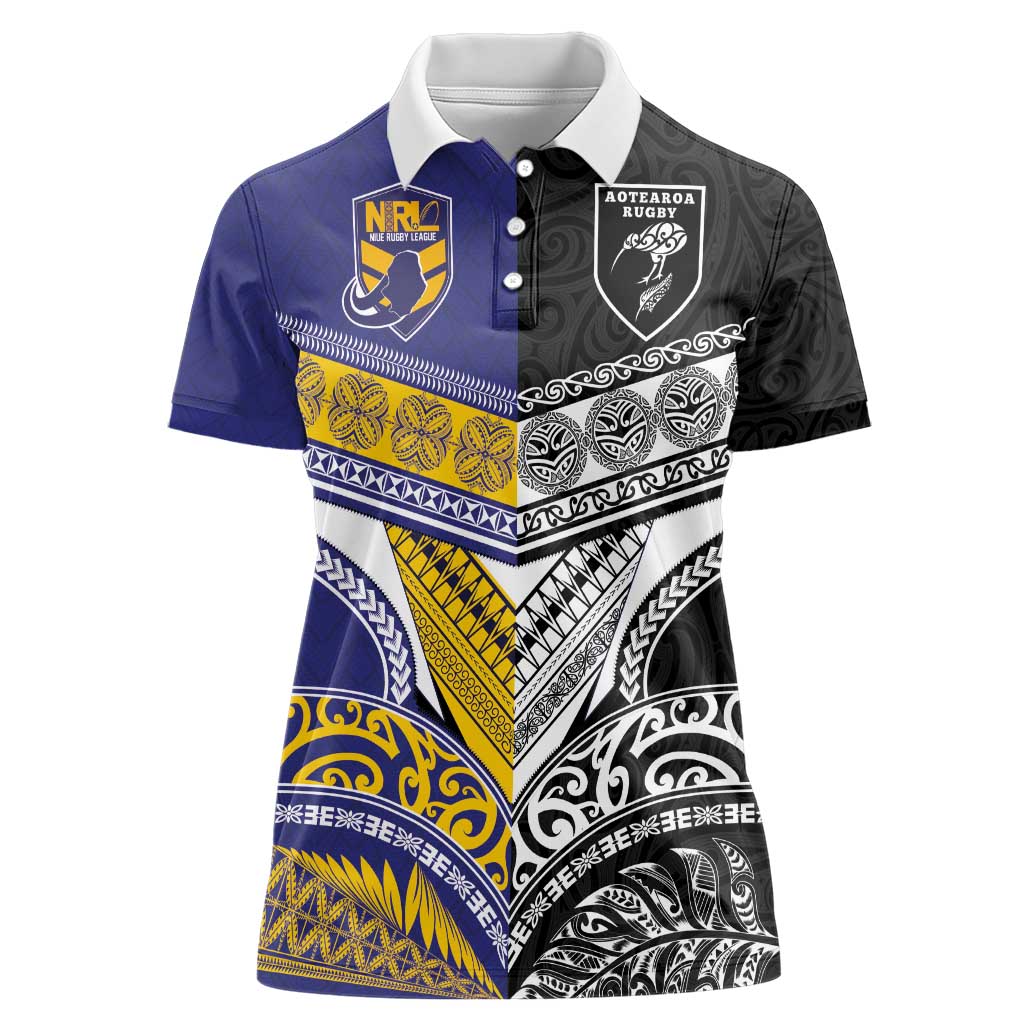 Custom Rugby Niue and Aotearoa Women Polo Shirt Hiapo with Maori Moko Tribal Heritage Tattoos - Polynesian Pride