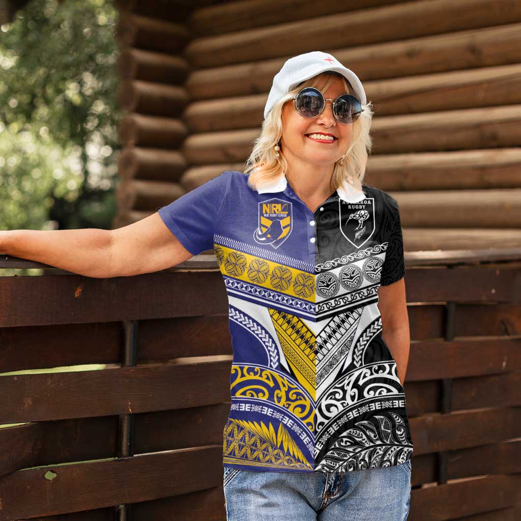 Custom Rugby Niue and Aotearoa Women Polo Shirt Hiapo with Maori Moko Tribal Heritage Tattoos LT03 - Polynesian Pride