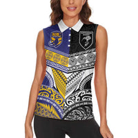 Custom Rugby Niue and Aotearoa Women Sleeveless Polo Shirt Hiapo with Maori Moko Tribal Heritage Tattoos LT03 - Polynesian Pride