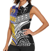 Custom Rugby Niue and Aotearoa Women Sleeveless Polo Shirt Hiapo with Maori Moko Tribal Heritage Tattoos LT03 - Polynesian Pride