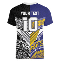 Custom Rugby Niue and Aotearoa Women V-Neck T-Shirt Hiapo with Maori Moko Tribal Heritage Tattoos LT03 - Polynesian Pride