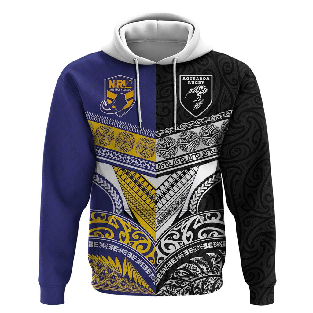 Custom Rugby Niue and Aotearoa Zip Hoodie Hiapo with Maori Moko Tribal Heritage Tattoos LT03 Pullover Hoodie Black - Polynesian Pride