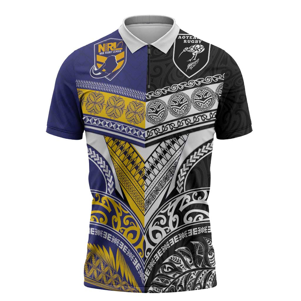 Custom Rugby Niue and Aotearoa Zipper Polo Shirt Hiapo with Maori Moko Tribal Heritage Tattoos - Polynesian Pride