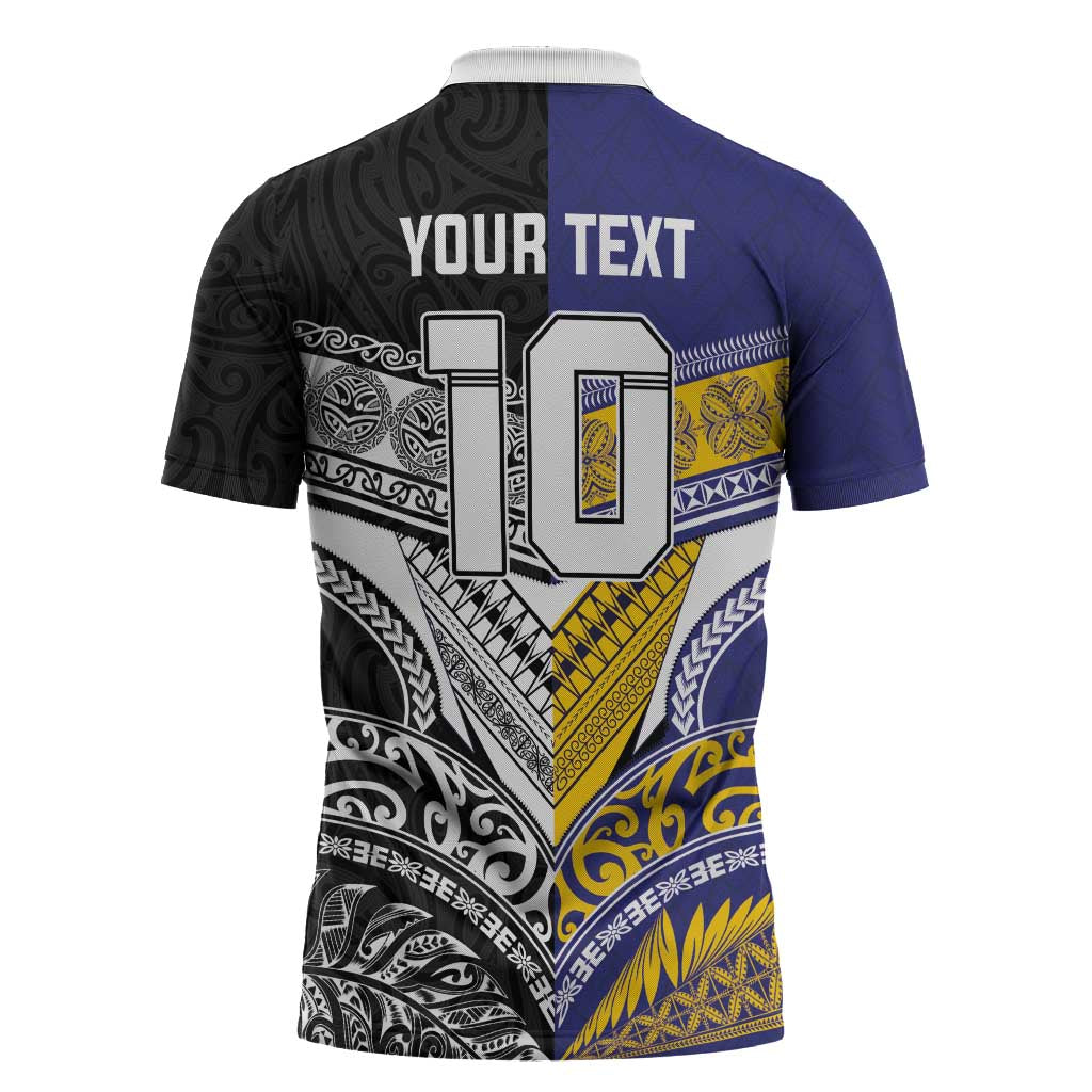 Custom Rugby Niue and Aotearoa Zipper Polo Shirt Hiapo with Maori Moko Tribal Heritage Tattoos LT03 - Polynesian Pride