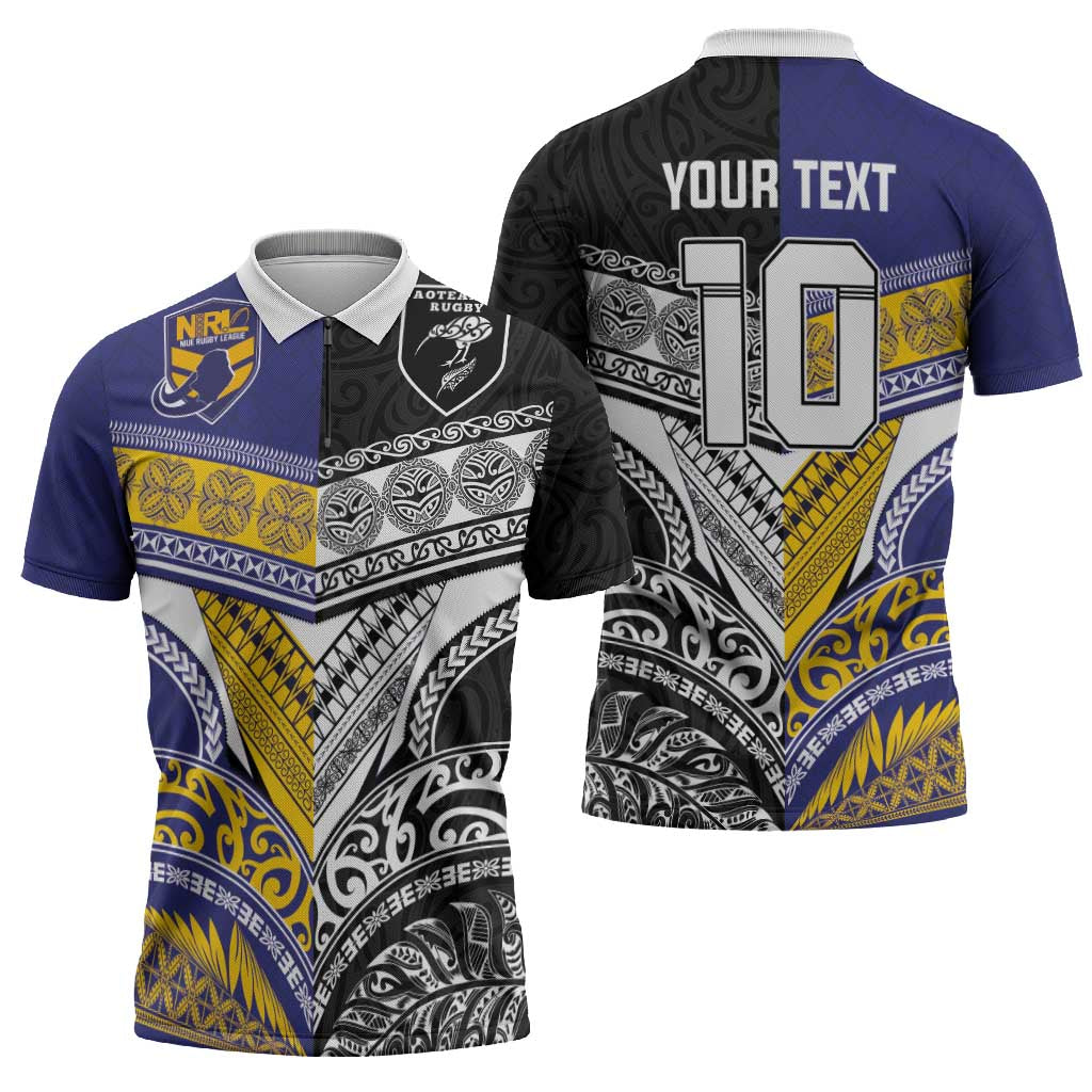 Custom Rugby Niue and Aotearoa Zipper Polo Shirt Hiapo with Maori Moko Tribal Heritage Tattoos LT03 - Polynesian Pride