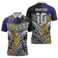 Custom Rugby Niue and Aotearoa Zipper Polo Shirt Hiapo with Maori Moko Tribal Heritage Tattoos LT03 - Polynesian Pride