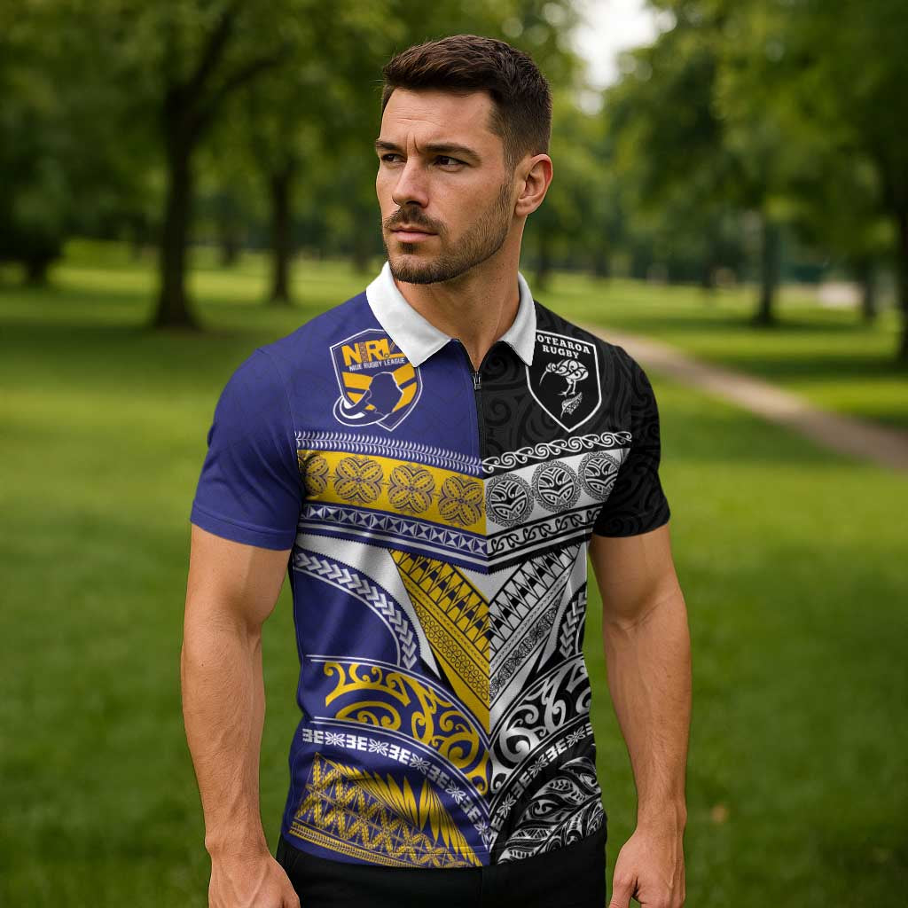 Custom Rugby Niue and Aotearoa Zipper Polo Shirt Hiapo with Maori Moko Tribal Heritage Tattoos LT03 - Polynesian Pride