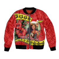 Hawaii Christmas Bomber Jacket Hula Girl Hibiscus With Hawaiian Style Tribal Fabric Patchwork LT03 Unisex Red - Polynesian Pride