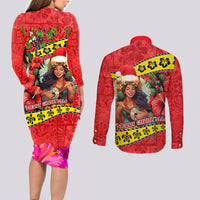 Hawaii Christmas Couples Matching Long Sleeve Bodycon Dress and Long Sleeve Button Shirt Hula Girl Hibiscus With Hawaiian Style Tribal Fabric Patchwork LT03 - Polynesian Pride