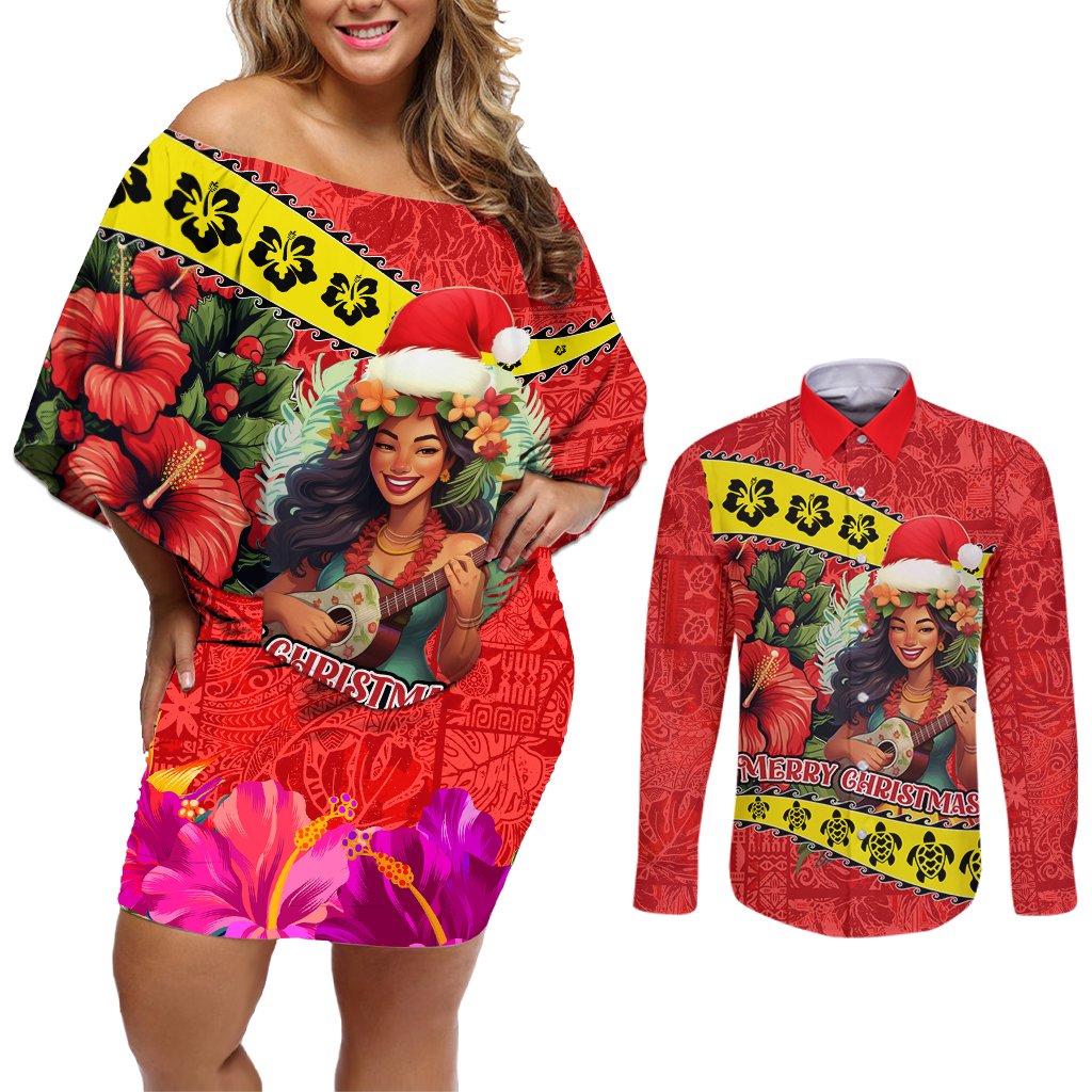 Hawaii Christmas Couples Matching Off Shoulder Short Dress and Long Sleeve Button Shirt Hula Girl Hibiscus With Hawaiian Style Tribal Fabric Patchwork LT03 Red - Polynesian Pride