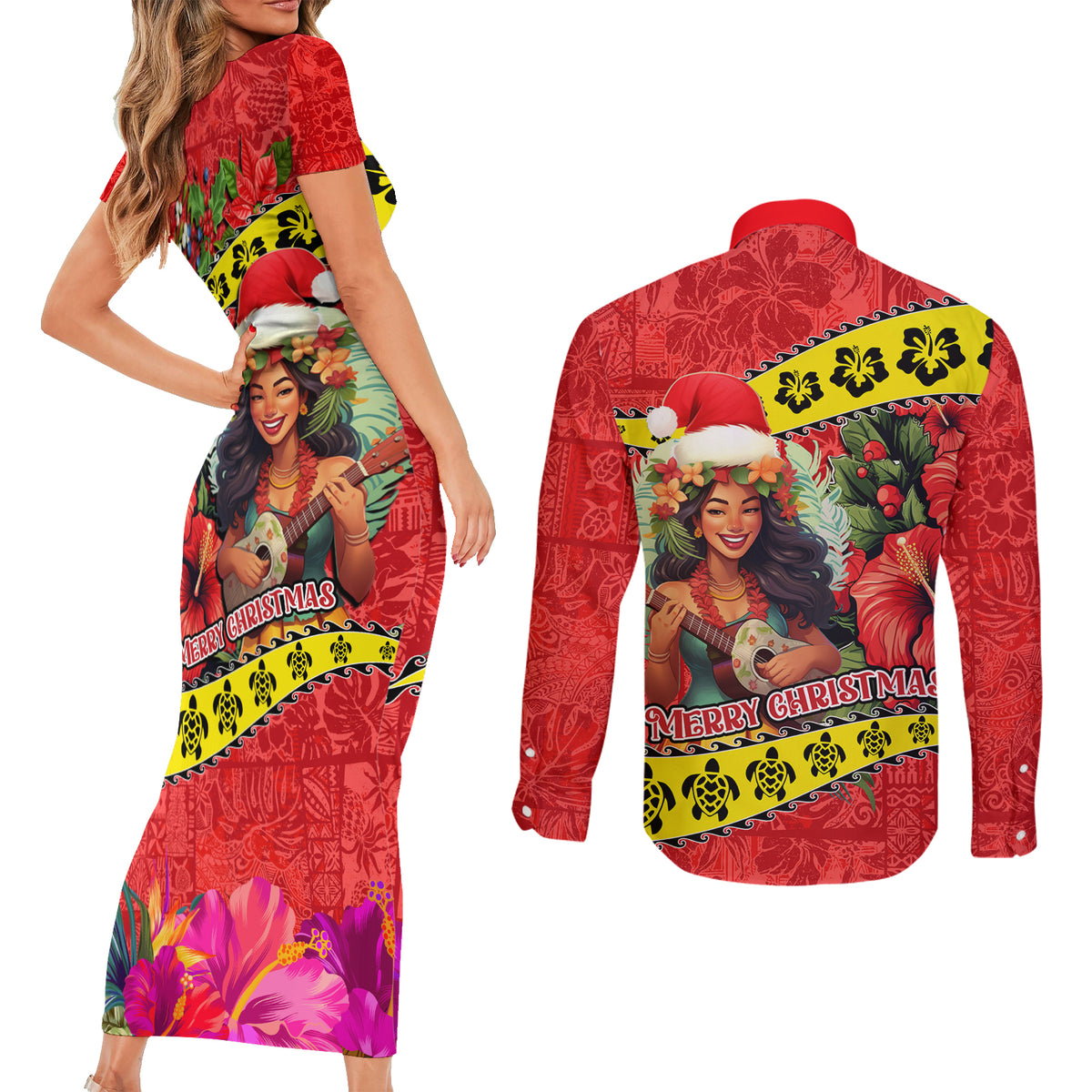 Hawaii Christmas Couples Matching Short Sleeve Bodycon Dress and Long Sleeve Button Shirt Hula Girl Hibiscus With Hawaiian Style Tribal Fabric Patchwork LT03 - Polynesian Pride