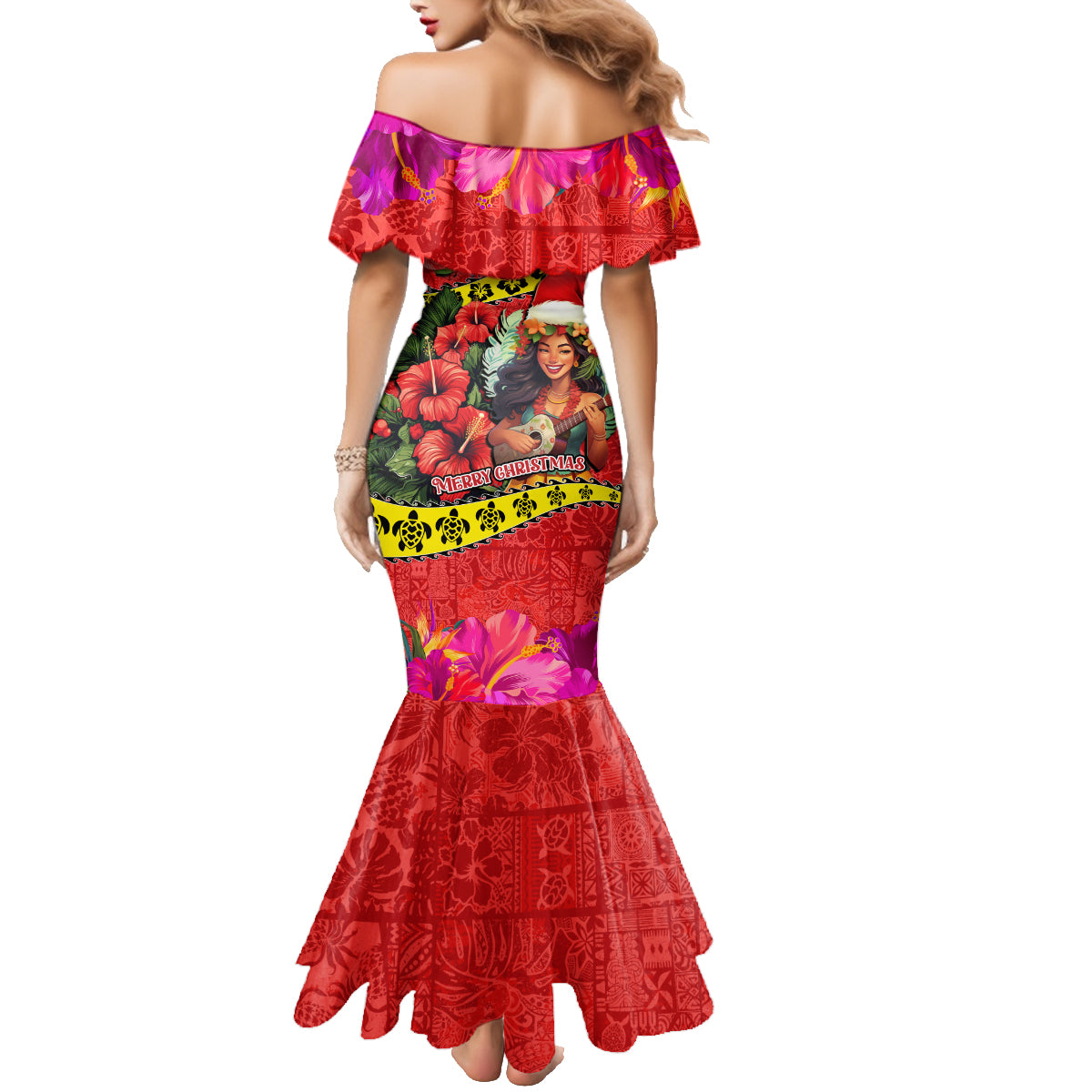 Hawaii Christmas Family Matching Mermaid Dress and Hawaiian Shirt Hula Girl Hibiscus With Hawaiian Style Tribal Fabric Patchwork LT03 - Polynesian Pride