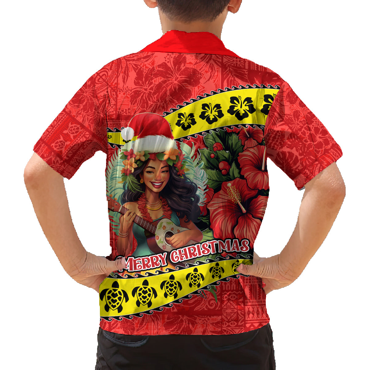 Hawaii Christmas Family Matching Off Shoulder Maxi Dress and Hawaiian Shirt Hula Girl Hibiscus With Hawaiian Style Tribal Fabric Patchwork LT03 - Polynesian Pride