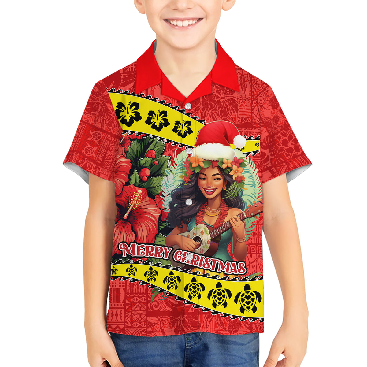 Hawaii Christmas Kid Hawaiian Shirt Hula Girl Hibiscus With Hawaiian Style Tribal Fabric Patchwork LT03 Kid Red - Polynesian Pride