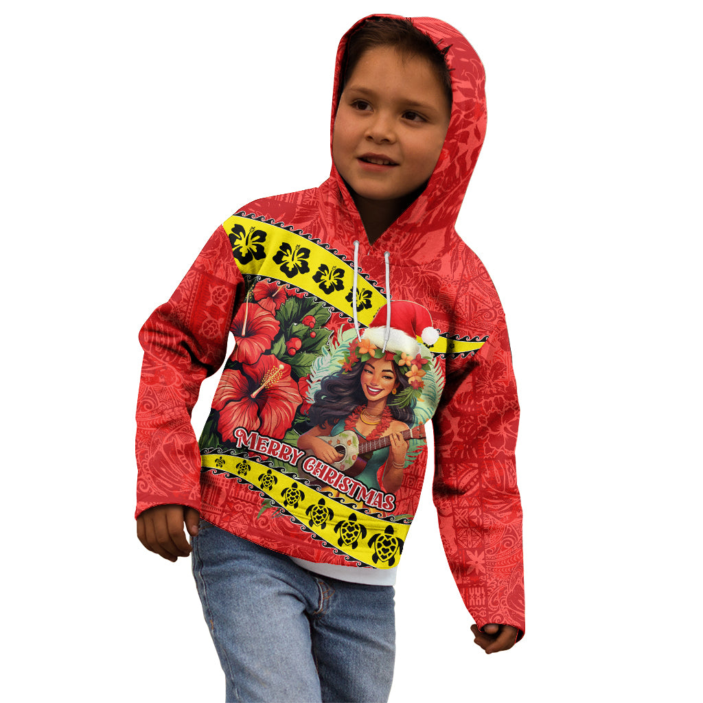 Hawaii Christmas Kid Hoodie Hula Girl Hibiscus With Hawaiian Style Tribal Fabric Patchwork LT03 - Polynesian Pride
