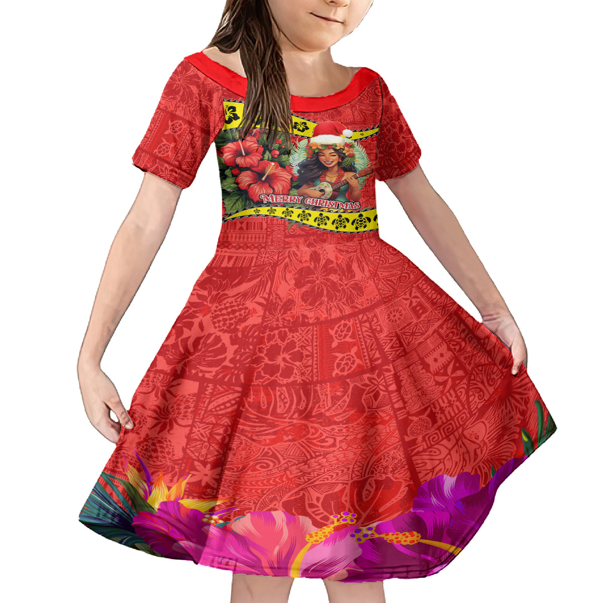 Hawaii Christmas Kid Short Sleeve Dress Hula Girl Hibiscus With Hawaiian Style Tribal Fabric Patchwork LT03 KID Red - Polynesian Pride