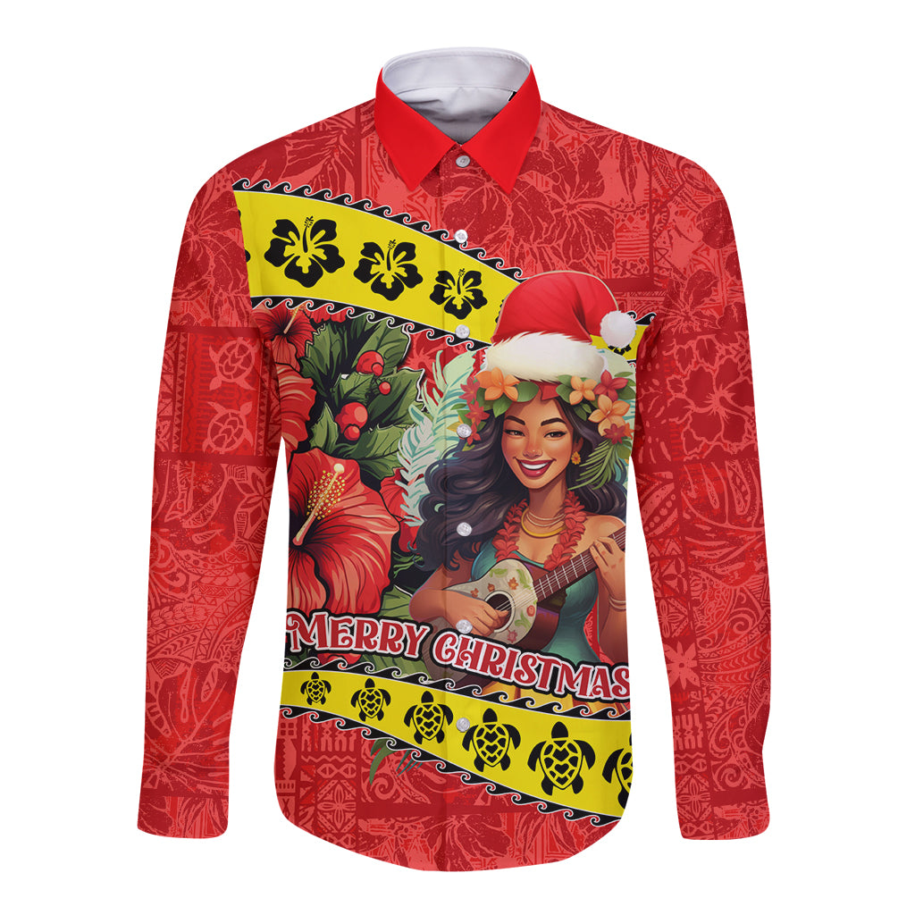 Hawaii Christmas Long Sleeve Button Shirt Hula Girl Hibiscus With Hawaiian Style Tribal Fabric Patchwork LT03 Unisex Red - Polynesian Pride