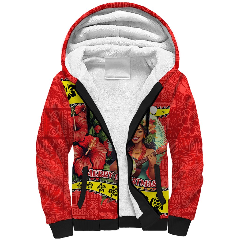 Hawaii Christmas Sherpa Hoodie Hula Girl Hibiscus With Hawaiian Style Tribal Fabric Patchwork LT03 Unisex Red - Polynesian Pride