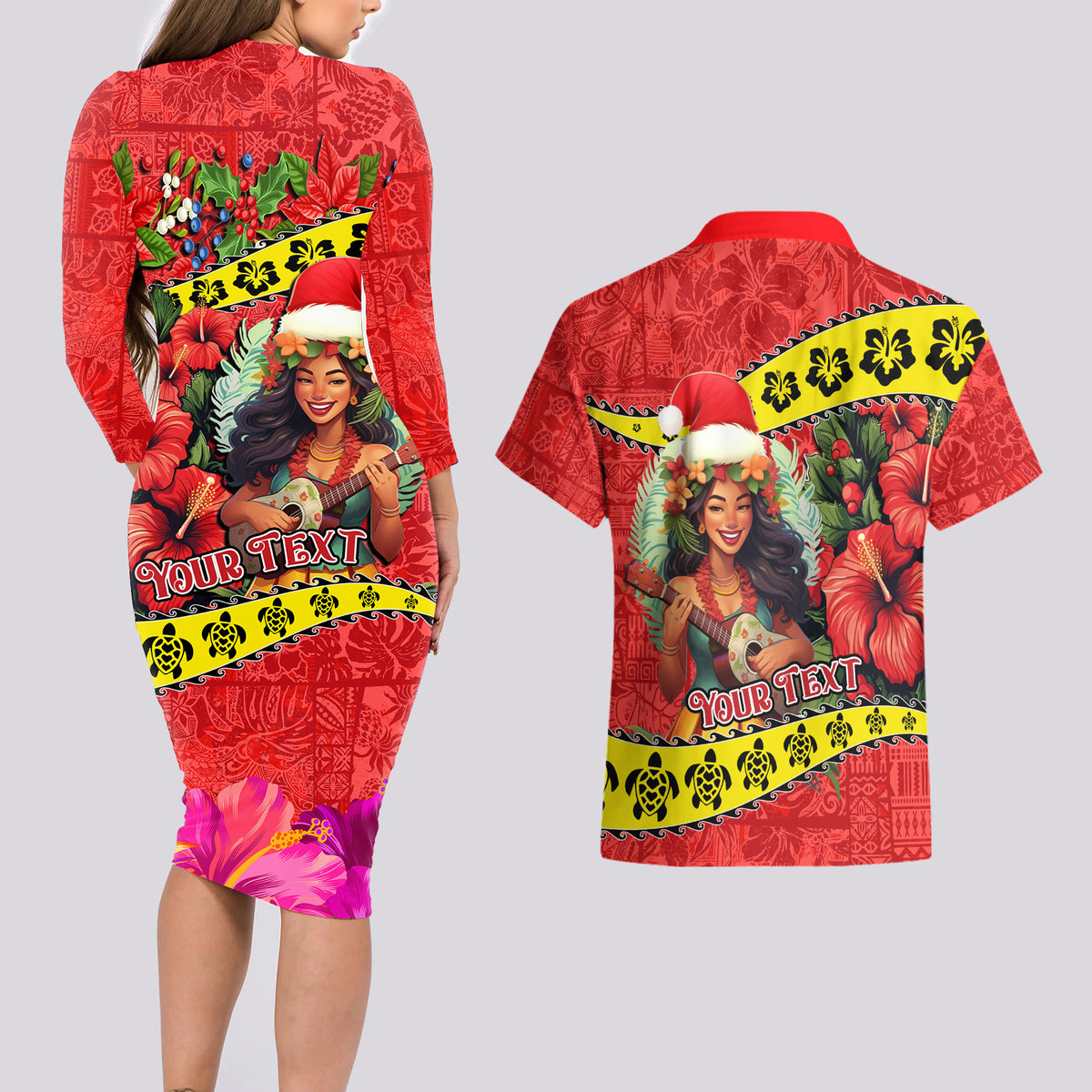 Personalised Hawaii Christmas Couples Matching Long Sleeve Bodycon Dress and Hawaiian Shirt Hula Girl Hibiscus With Hawaiian Style Tribal Fabric Patchwork LT03 - Polynesian Pride