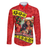 Personalised Hawaii Christmas Family Matching Mermaid Dress and Hawaiian Shirt Hula Girl Hibiscus With Hawaiian Style Tribal Fabric Patchwork LT03 Dad's Shirt - Long Sleeve Red - Polynesian Pride