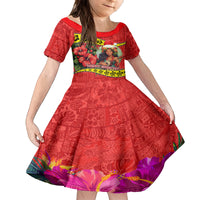 Personalised Hawaii Christmas Family Matching Off Shoulder Long Sleeve Dress and Hawaiian Shirt Hula Girl Hibiscus With Hawaiian Style Tribal Fabric Patchwork LT03 Daughter's Dress Red - Polynesian Pride