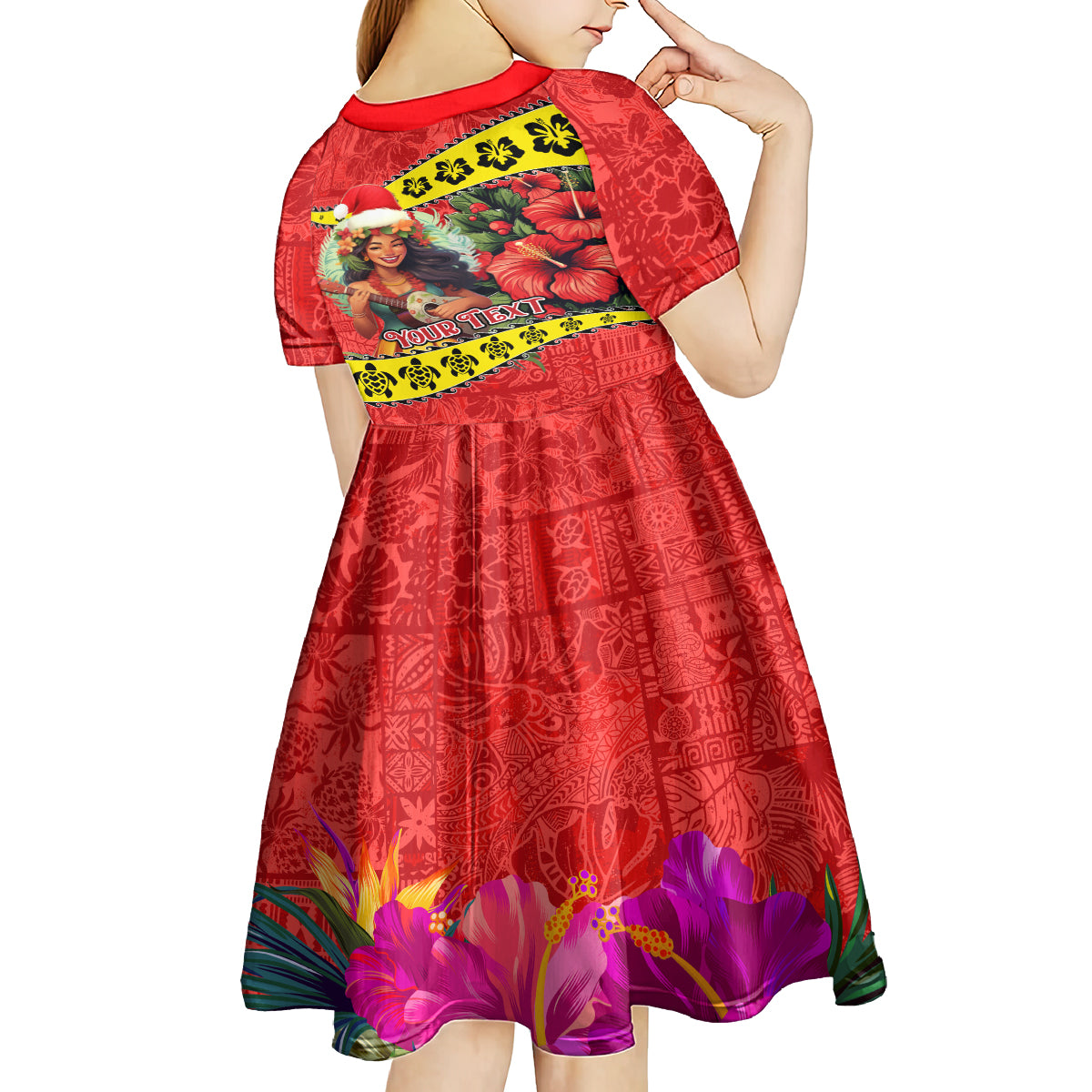 Personalised Hawaii Christmas Kid Short Sleeve Dress Hula Girl Hibiscus With Hawaiian Style Tribal Fabric Patchwork LT03 - Polynesian Pride
