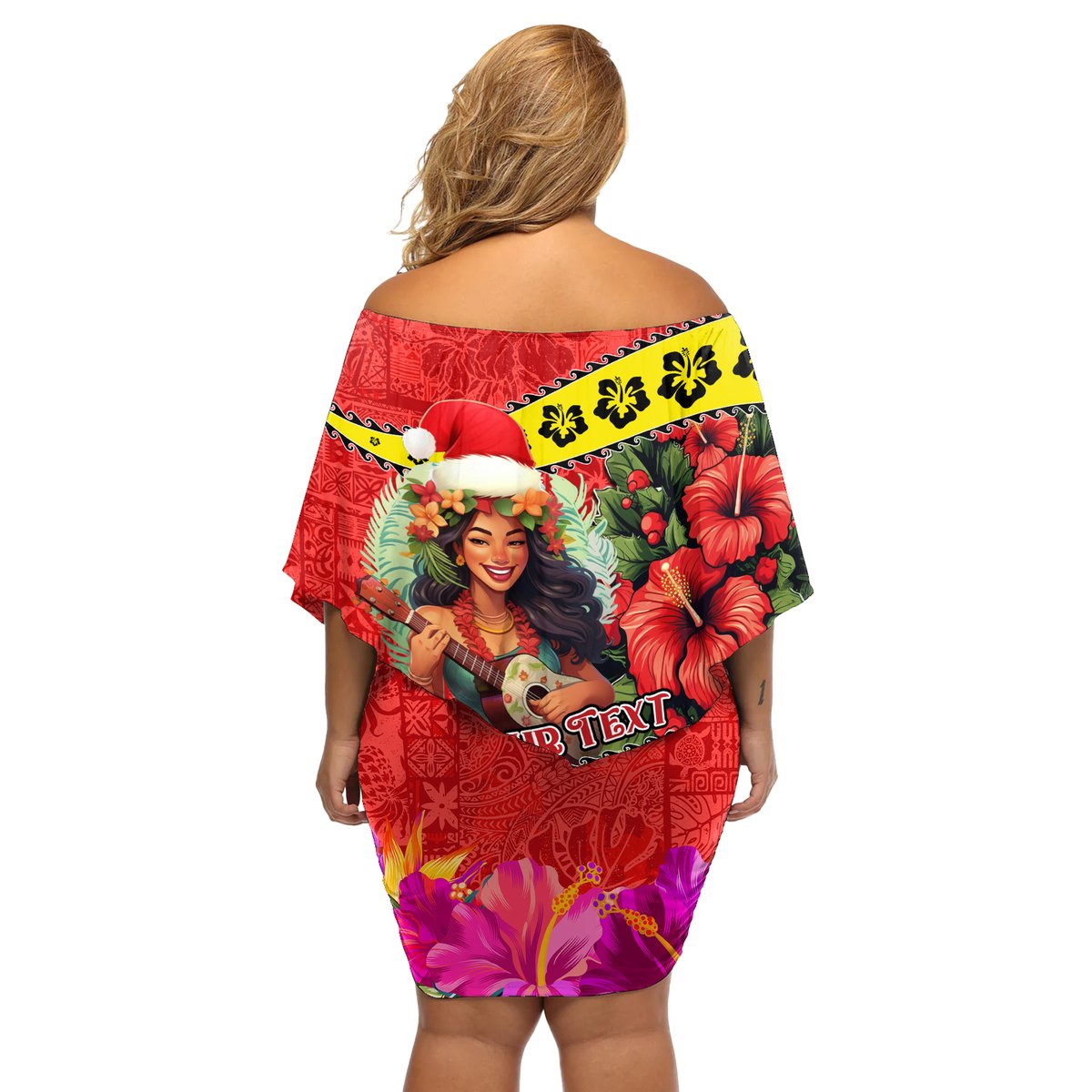 Personalised Hawaii Christmas Off Shoulder Short Dress Hula Girl Hibiscus With Hawaiian Style Tribal Fabric Patchwork LT03 - Polynesian Pride
