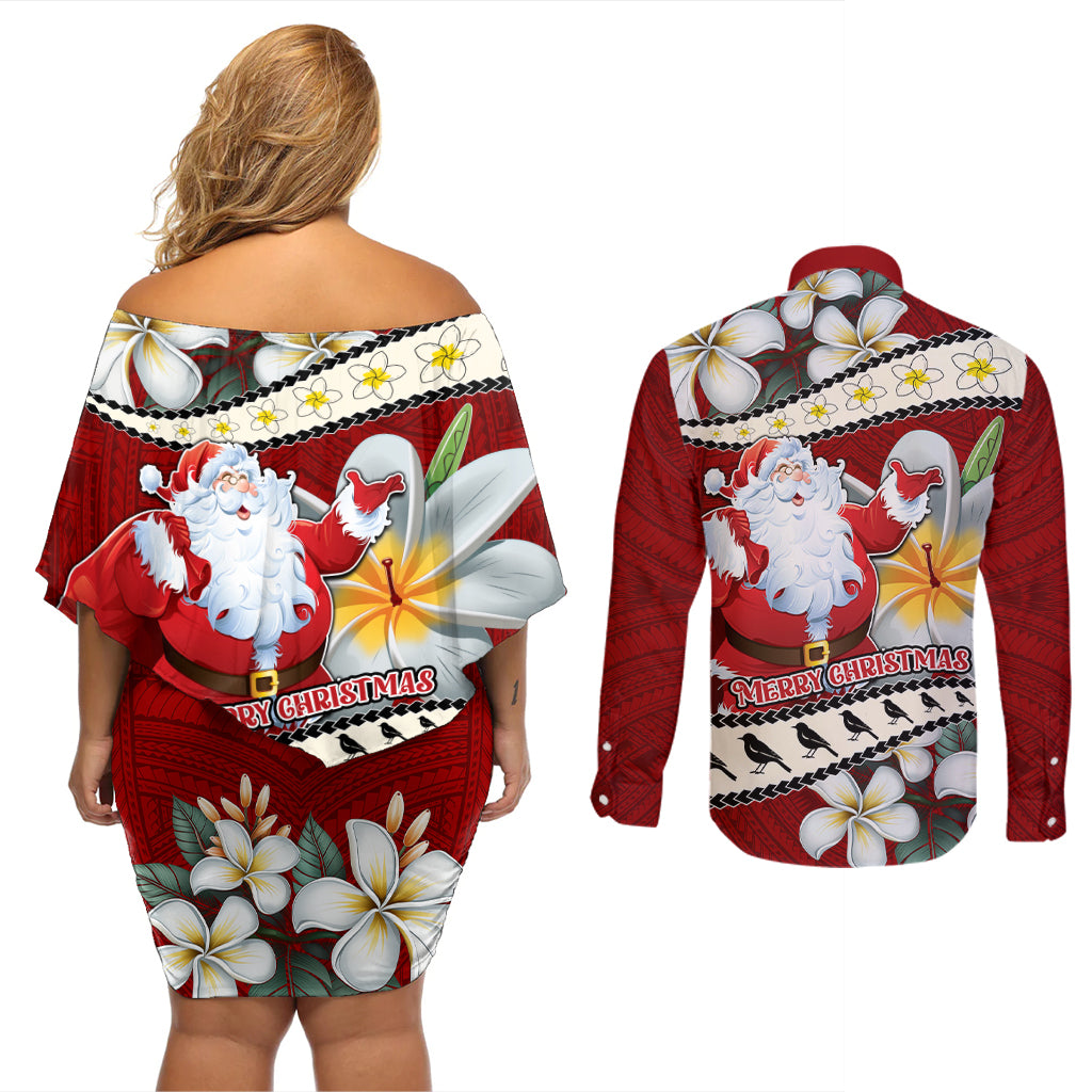 Tahiti Christmas Couples Matching Off Shoulder Short Dress and Long Sleeve Button Shirt Tiare Flowers and Pomarea Nigra with Polynesian Pattern LT03 - Polynesian Pride