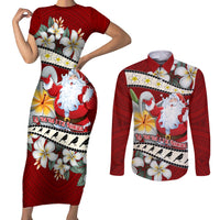 Tahiti Christmas Couples Matching Short Sleeve Bodycon Dress and Long Sleeve Button Shirt Tiare Flowers and Pomarea Nigra with Polynesian Pattern LT03 Red - Polynesian Pride