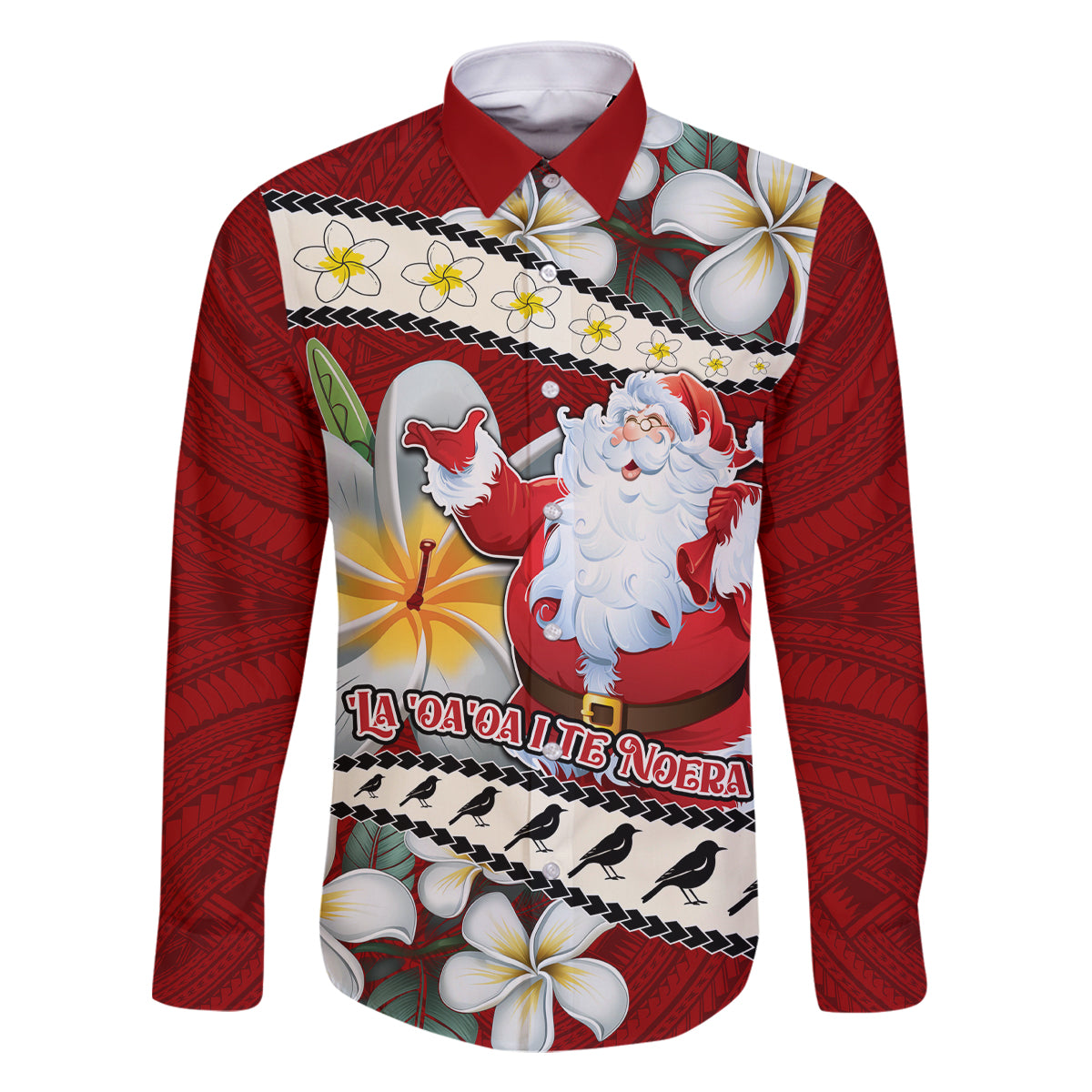 Personalised Tahiti Christmas Family Matching Off Shoulder Maxi Dress and Hawaiian Shirt Tiare Flowers and Pomarea Nigra with Polynesian Pattern LT03 Dad's Shirt - Long Sleeve Red - Polynesian Pride