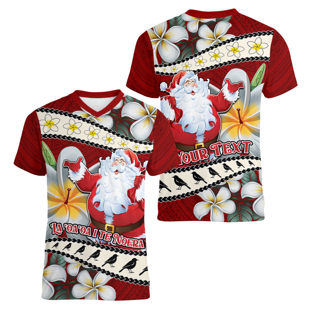 Personalised Tahiti Christmas Women V Neck T Shirt Tiare Flowers and Pomarea Nigra with Polynesian Pattern LT03 - Polynesian Pride