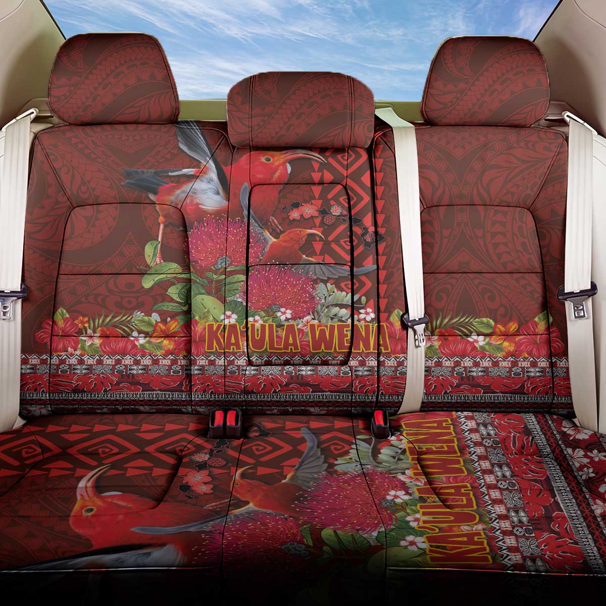 Hawaii KaUla Wena Iiwi Back Car Seat Cover With Tropical Plants and 'Ohi'a lehua Kakau Art Tattoo LT03 One Size Red - Polynesian Pride