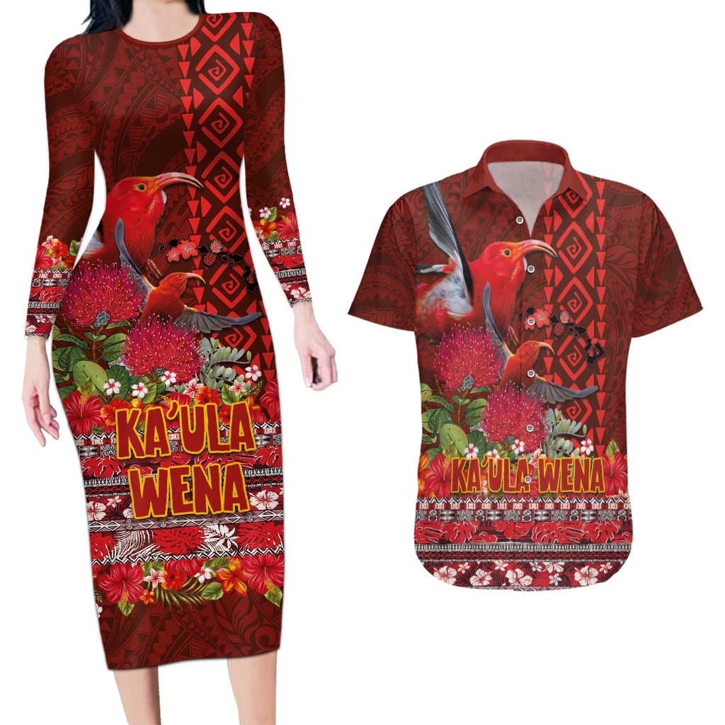 Hawaii KaUla Wena Iiwi Couples Matching Long Sleeve Bodycon Dress and Hawaiian Shirt With Tropical Plants and 'Ohi'a lehua Kakau Art Tattoo LT03 Red - Polynesian Pride