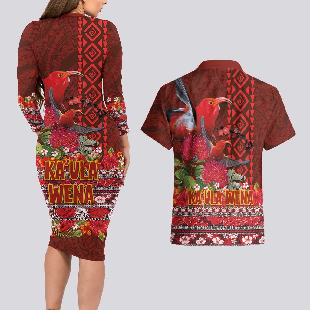 Hawaii KaUla Wena Iiwi Couples Matching Long Sleeve Bodycon Dress and Hawaiian Shirt With Tropical Plants and 'Ohi'a lehua Kakau Art Tattoo LT03 - Polynesian Pride