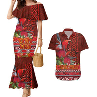 Hawaii KaUla Wena Iiwi Couples Matching Mermaid Dress and Hawaiian Shirt With Tropical Plants and 'Ohi'a lehua Kakau Art Tattoo LT03 Red - Polynesian Pride