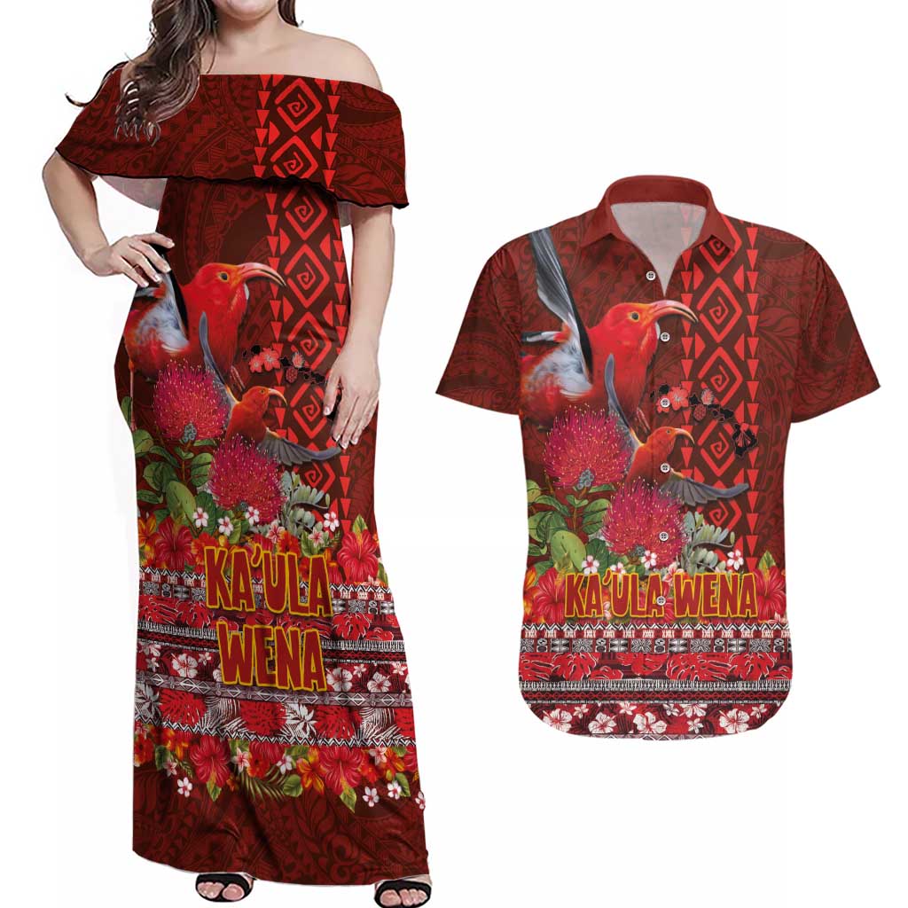 Hawaii KaUla Wena Iiwi Couples Matching Off Shoulder Maxi Dress and Hawaiian Shirt With Tropical Plants and 'Ohi'a lehua Kakau Art Tattoo LT03 Red - Polynesian Pride