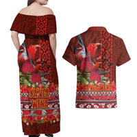 Hawaii KaUla Wena Iiwi Couples Matching Off Shoulder Maxi Dress and Hawaiian Shirt With Tropical Plants and 'Ohi'a lehua Kakau Art Tattoo LT03 - Polynesian Pride