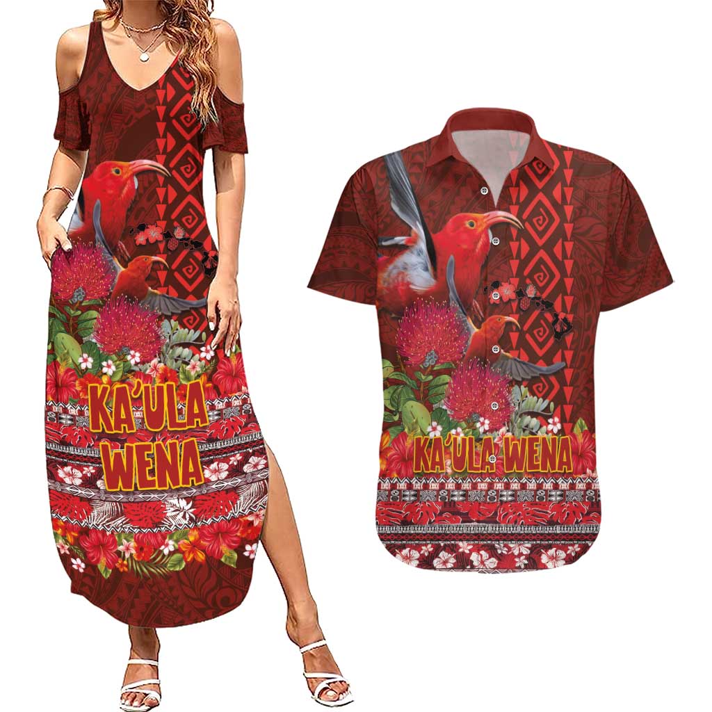 Hawaii KaʻUla Wena ʻIʻiwi Couples Matching Summer Maxi Dress and Hawaiian Shirt With Tropical Plants and 'Ohi'a lehua Kakau Art Tattoo