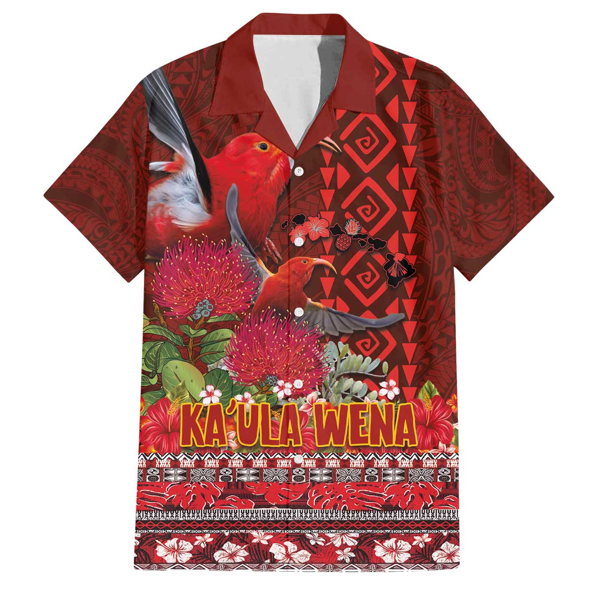 Hawaii KaUla Wena Iiwi Family Matching Off The Shoulder Long Sleeve Dress and Hawaiian Shirt With Tropical Plants and 'Ohi'a lehua Kakau Art Tattoo LT03 Dad's Shirt - Short Sleeve Red - Polynesian Pride