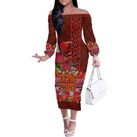 Hawaii KaUla Wena Iiwi Family Matching Off The Shoulder Long Sleeve Dress and Hawaiian Shirt With Tropical Plants and 'Ohi'a lehua Kakau Art Tattoo LT03 Mom's Dress Red - Polynesian Pride