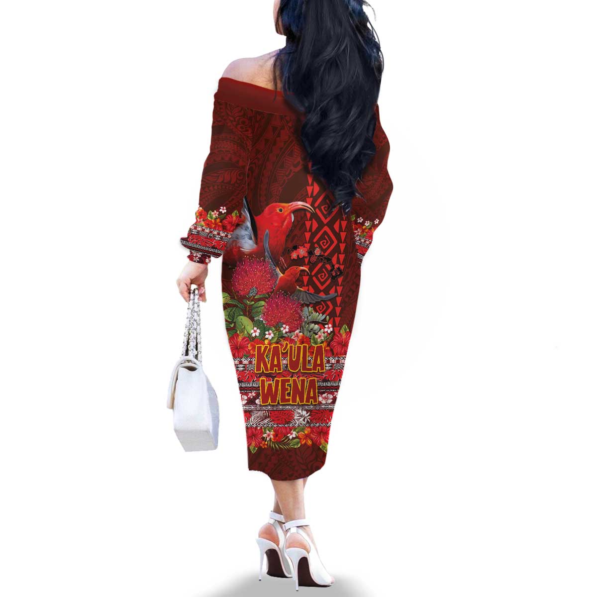 Hawaii KaUla Wena Iiwi Family Matching Off The Shoulder Long Sleeve Dress and Hawaiian Shirt With Tropical Plants and 'Ohi'a lehua Kakau Art Tattoo LT03 - Polynesian Pride