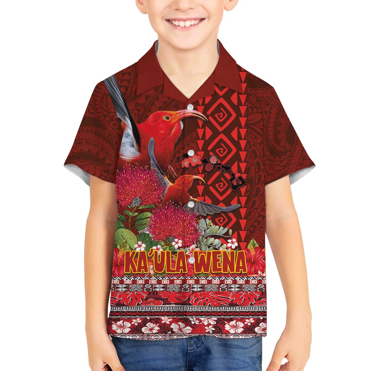 Hawaii KaUla Wena Iiwi Family Matching Off The Shoulder Long Sleeve Dress and Hawaiian Shirt With Tropical Plants and 'Ohi'a lehua Kakau Art Tattoo LT03 Son's Shirt Red - Polynesian Pride